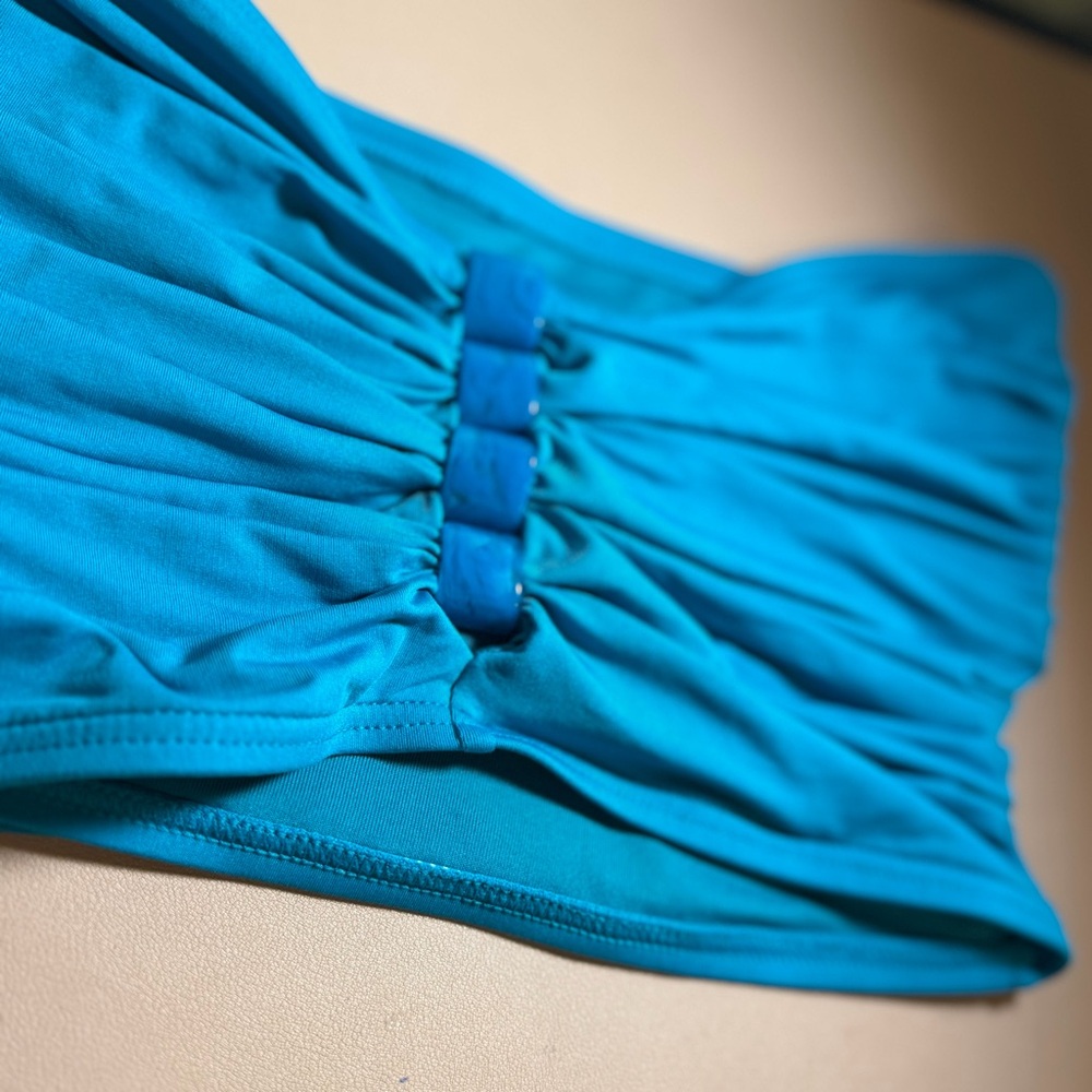Carmen Marc Valvo Teal Bandeau Bikini Top Ruched Strapless Cutout Small